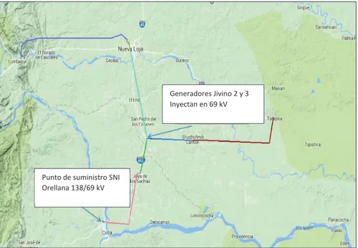 Figura 3.2. Red de Subtransmisión de CNEL EP Sucumbíos con el punto de suministro SNI  Orellana 138/69 kV [19]