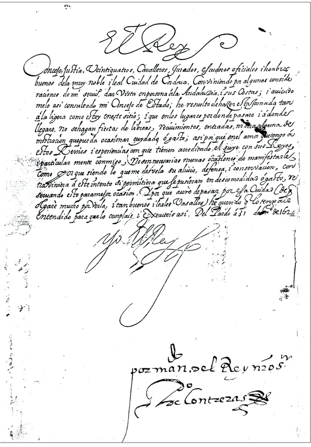 Figura 2. Documento tipo por medio del cual Felipe IV avisaba a las villas andaluzas de  su proyectado viaje
