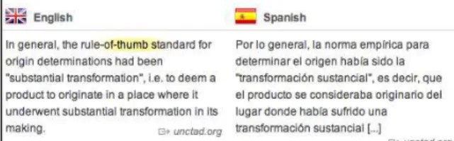 Figura 2. Ejemplo de texto alineado con su traducción en Linguee