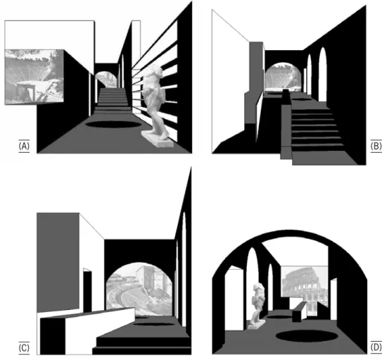 FIG. 3.- Vistas tridimensionales de los diferentes ambientes del Centro de Interpretación, desde el  vestíbulo (A), pasando por el área de conexión escalonada (B), la Sala A (C) y la Sala B (D)
