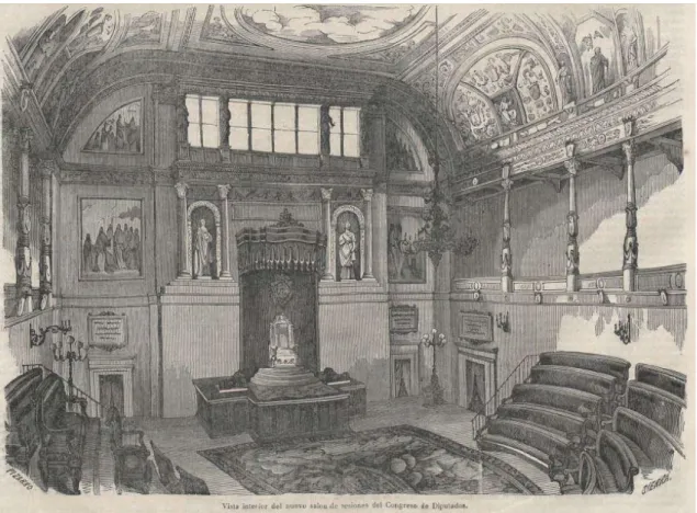 Fig. 1: Vista interior del nuevo salón de sesiones del Congreso de los Diputados, Pizarro y Sierra, 1850