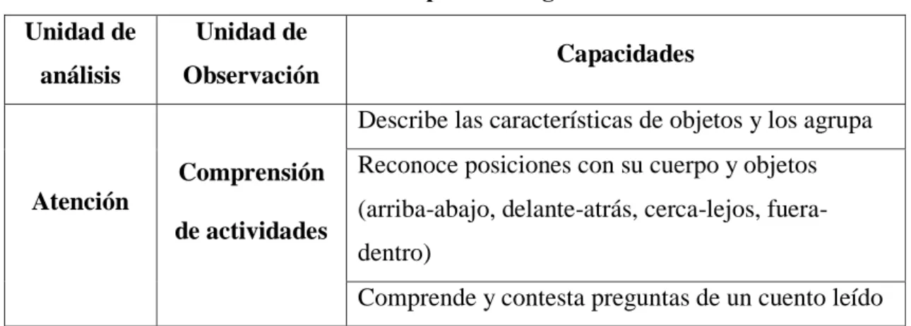 Tabla 4. Estructura de análisis del componente cognitivo de la SET Vallecito “A” 