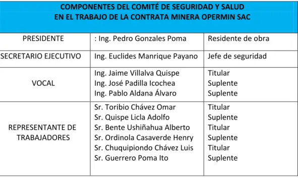 Tabla 2.5: Componentes del comité de seguridad y salud en el trabajo. 