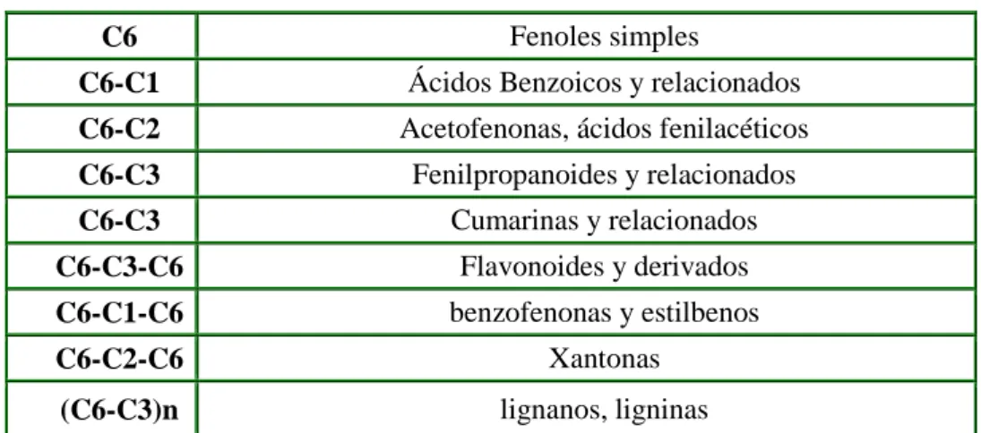 TABLA N° 4: CLASIFICACIÓN DE LOS COMPUESTOS FENÓLICOS SEGÚN  SU GRADO DE COMPLEJIDAD 