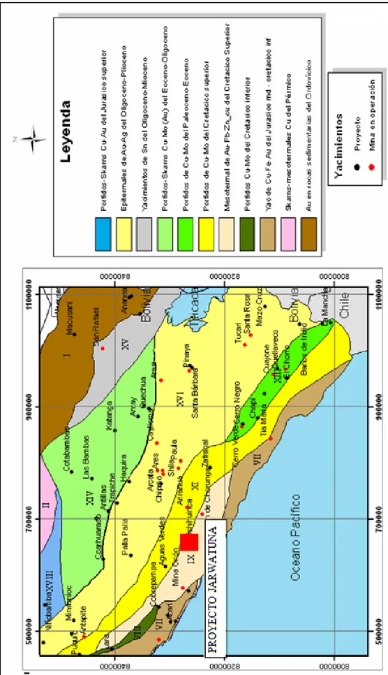 Figura 2: Mapa de Franjas Metalogenéticas Regional, mostrando la ubicación del proyecto Jarwatuna dentro de la franja de yacimientos mesotermales de Au- Pb-Zn del Cretáceo Superior (modificado INGEMMET, 2007).