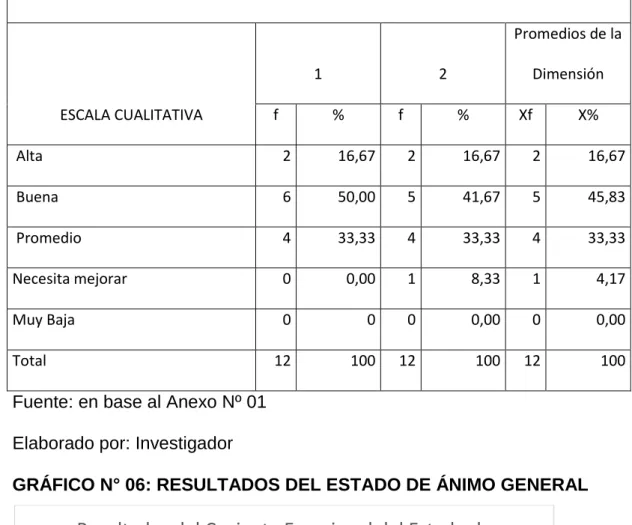 GRÁFICO N° 06: RESULTADOS DEL ESTADO DE ÁNIMO GENERAL 
