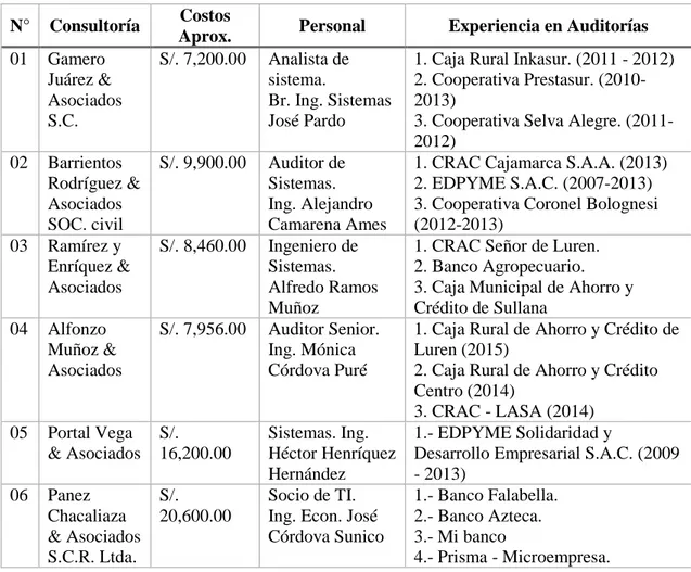 Tabla 6: Cotización de Precios a Consultoras. 