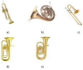 FIGURA 1. Instrumentos de viento metal: a) trompeta b)  trompa, c) trombón, d) bombardino y e) tuba