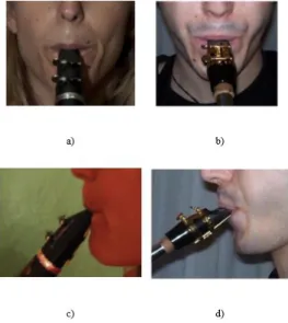 FIGURA 3. Posiciones de la embocadura del instrumento de  lengüeta simple: a) embocadura clarinete, b) embocadura  saxofón, c) visión lateral embocadura clarinete y d) visión 