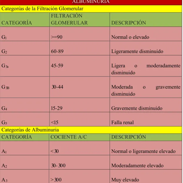 Figura N° 1 Clasificación en grados de la Enfermedad Renal Crónica, categorías  de la Filtración Glomerular y albuminuria