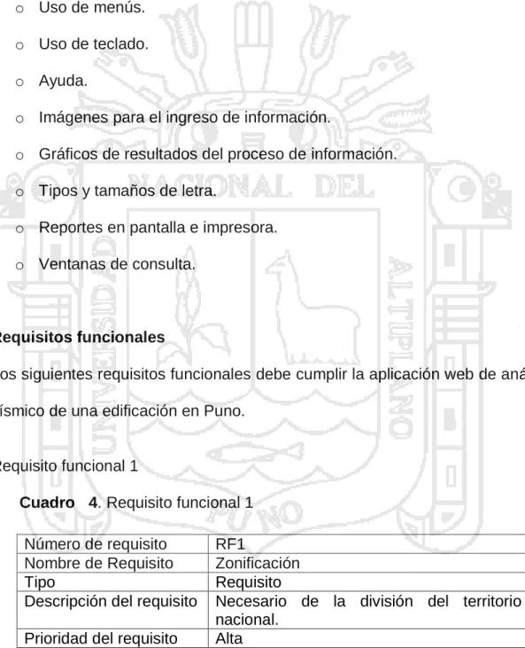 Cuadro   4. Requisito funcional 1  Número de requisito  RF1 