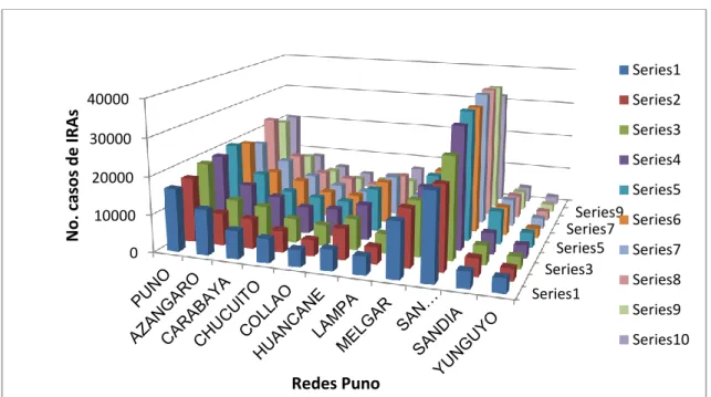 Figura 2. Casos de IRAs menor 5 años por Redes, Puno, 2001-2010 (Oficina de  estadística e informática-DIRESA PUNO) 