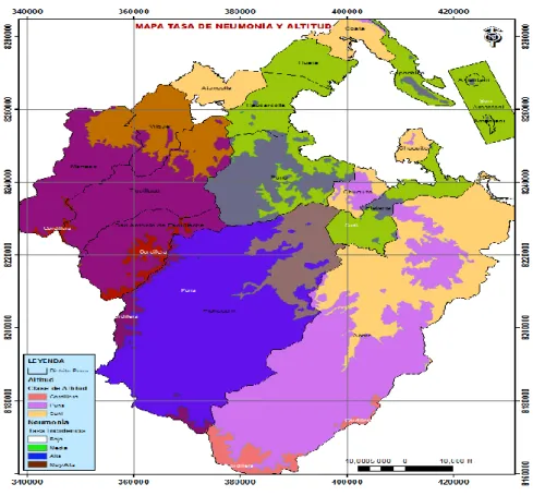 Figura 5. Tasa de neumonía promedio anual en niños menores de 5 años  2001-2010 y altitud de distritos de la provincia de Puno