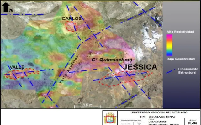 Figura 5  Lineamientos estructurales y anomalías geofísicas de la zona  Fuente: Departamento de Geología- Mina Aruntani 