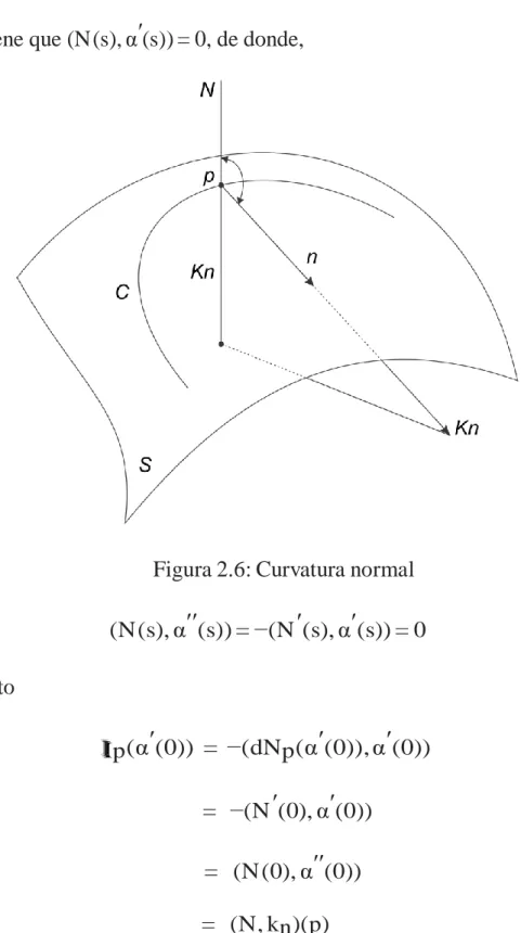Figura 2.6: Curvatura normal  (N (s), α′′(s)) = −(N ′(s), α′(s)) = 0  Por lo tanto  I I I  p(α ′ (0))  =  −(dNp(α′(0)), α′(0))        =  −(N ′(0), α′(0))        =   (N (0), α′′(0))  =   (N, kn)(p)                                                       =  kn
