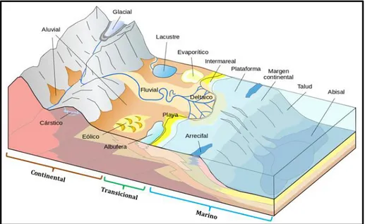 Figura 3: Esquema tridimensional generalizado de los modelos de ambientes de depositación  sedimentaria, continental, transicional y marino, tomado de Wikipedia.org