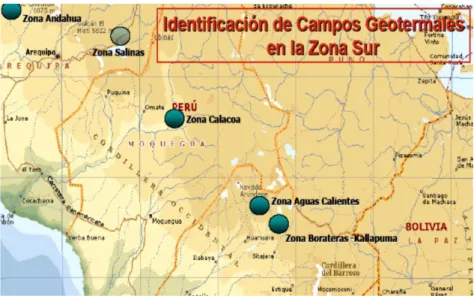Figura 8: Identificación de los campos geotermales en la zona sur del  Perú. 