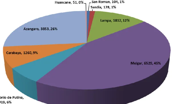 FIGURA 1: Distribución de la superficie de provincias que abarca la cuenca del rio ramis (km2, %) 