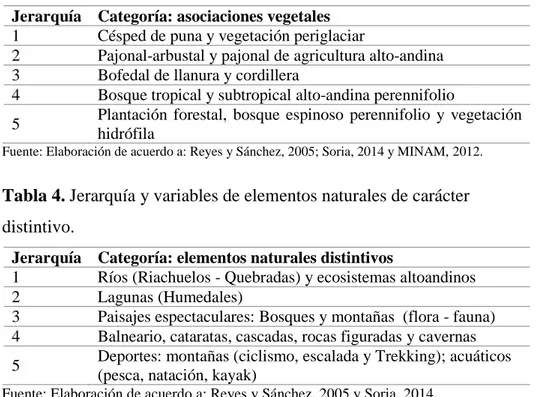 Tabla 4. Jerarquía y variables de elementos naturales de carácter    distintivo. 