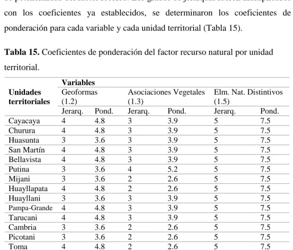 Tabla 15. Coeficientes de ponderación del factor recurso natural por unidad  territorial