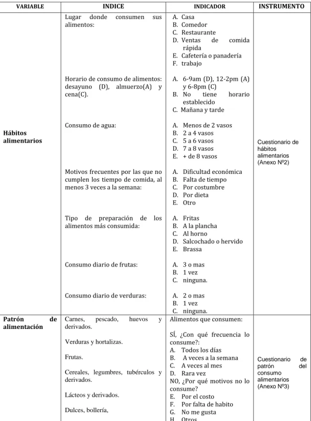 Cuadro 3.1. Operacionalización de las variables de estudio: hábitos alimentarios,  patrón  de  alimentación  y  estilo  de  vida  de  los  estudiantes  de  la  Universidad  Nacional del Altiplano, Puno - 2016