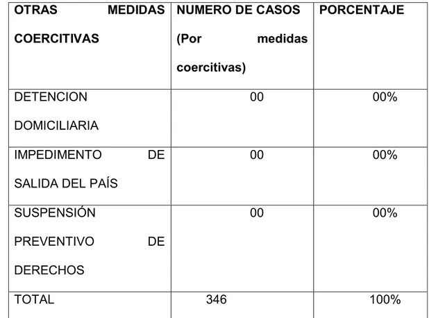 TABLA 15  OTRAS  MEDIDAS  COERCITIVAS  NUMERO DE CASOS  (Por  medidas  coercitivas)  PORCENTAJE  DETENCION  DOMICILIARIA  00  00%  IMPEDIMENTO  DE 