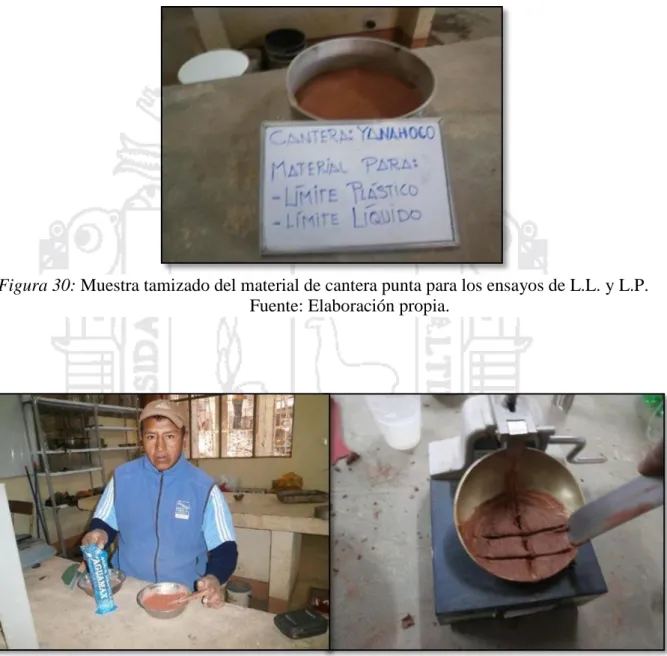 Figura 31: Saturación de muestra con agua destilada y uso de la cuchara de Casagrande