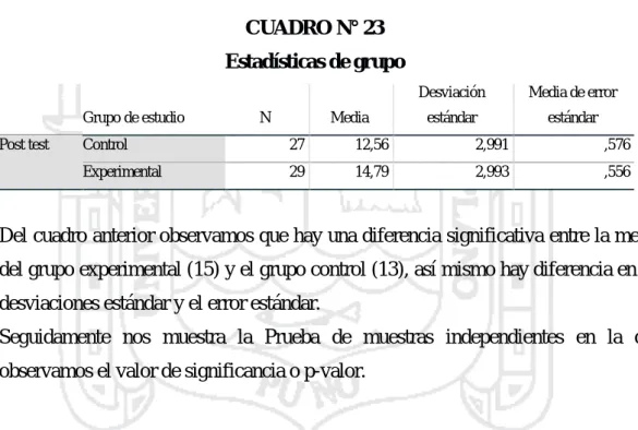 CUADRO N° 23 Estadísticas de grupo