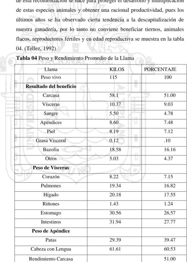 Tabla 04 Peso y Rendimiento Promedio de la Llama  