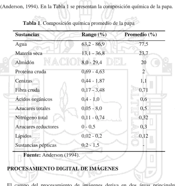 Tabla 1. Composición química promedio de la papa 