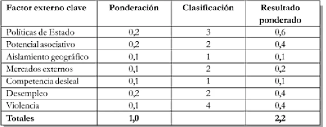 Ilustración 5: Ejemplo de Matriz de Evaluación de los Factores Externos 