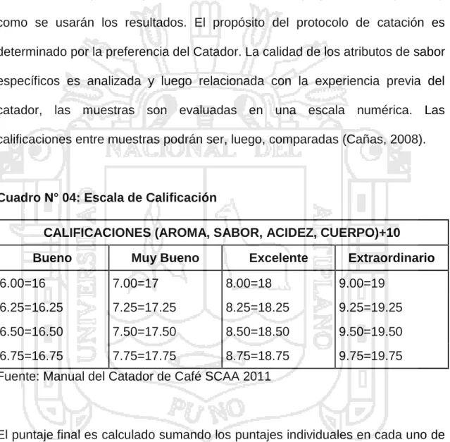Cuadro N° 04: Escala de Calificación 