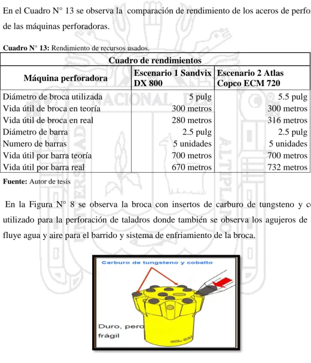 Cuadro N° 13: Rendimiento de recursos usados. 