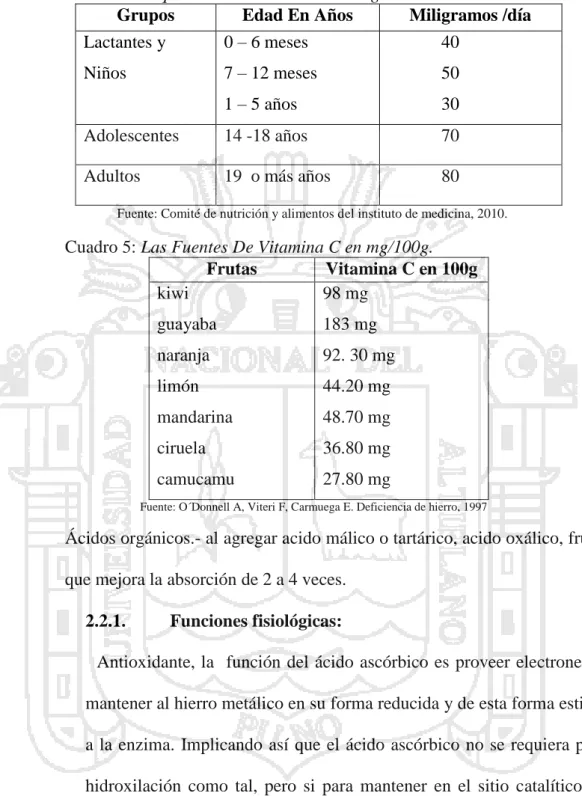Cuadro 5: Las Fuentes De Vitamina C en mg/100g. 