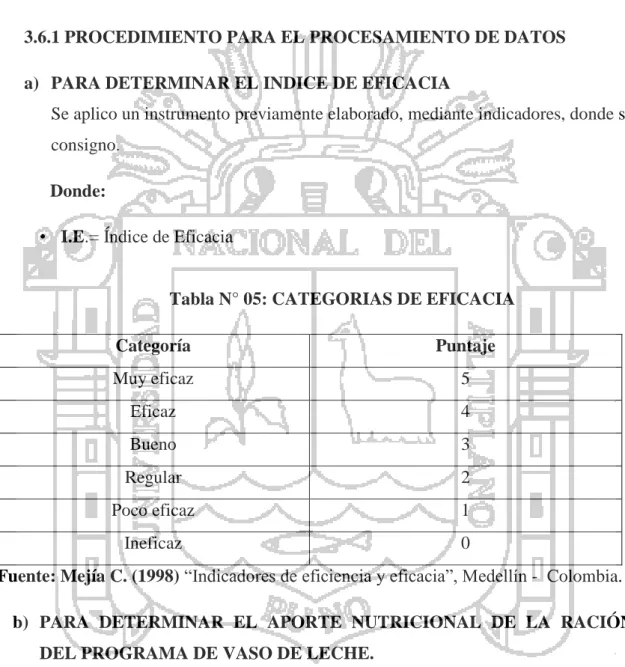 Tabla N° 05: CATEGORIAS DE EFICACIA 
