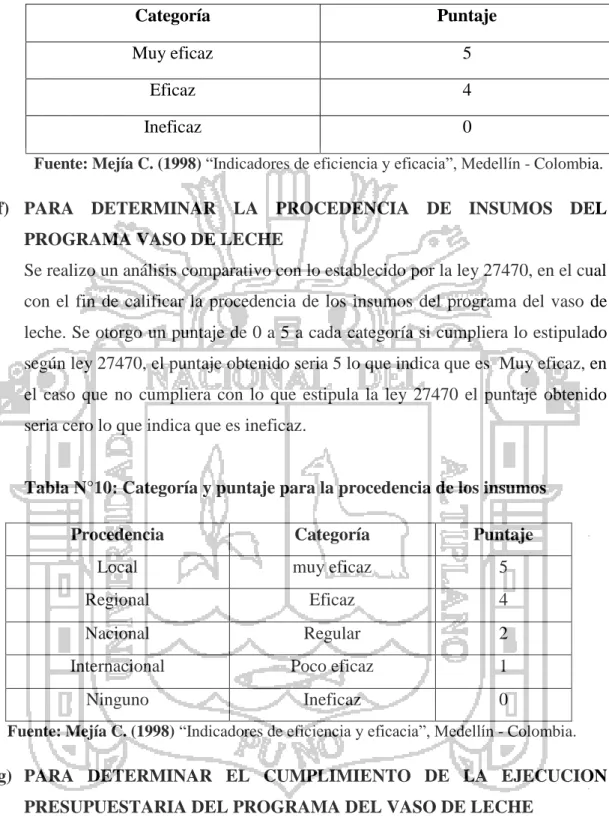 Tabla N°10: Categoría y puntaje para la procedencia de los insumos 