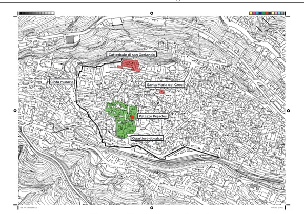Fig. 5 Planimetria del centro storico con l’individuazione  del quartiere ebraico (elaborazione grafica a  cura di R