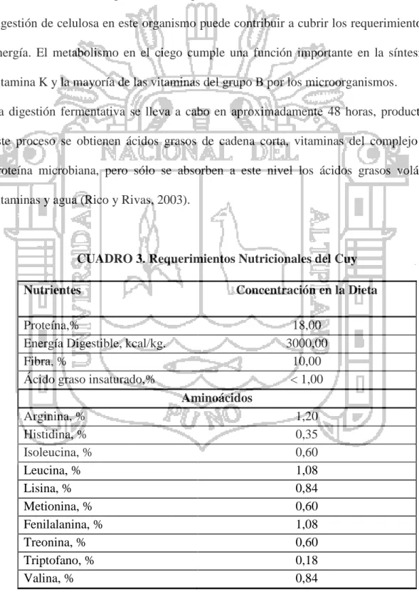 CUADRO 3. Requerimientos Nutricionales del Cuy 
