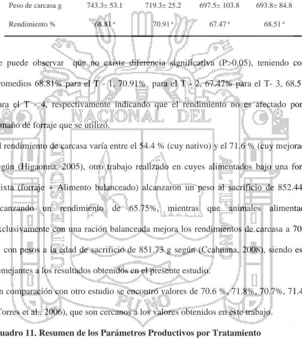 Cuadro 10. Rendimiento de carcasa / cuy/tratamiento 