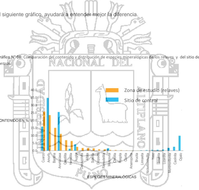 Gráfico N° 08: Comparación del contenido y distribución de especies mineralógicas de los relaves  y  del sitio de  control
