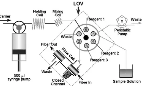 Figure 19. Schematic diagram of LOV microsystem incorporating a multipurpose flow cell configured  for real time measurement of absorbance [73]