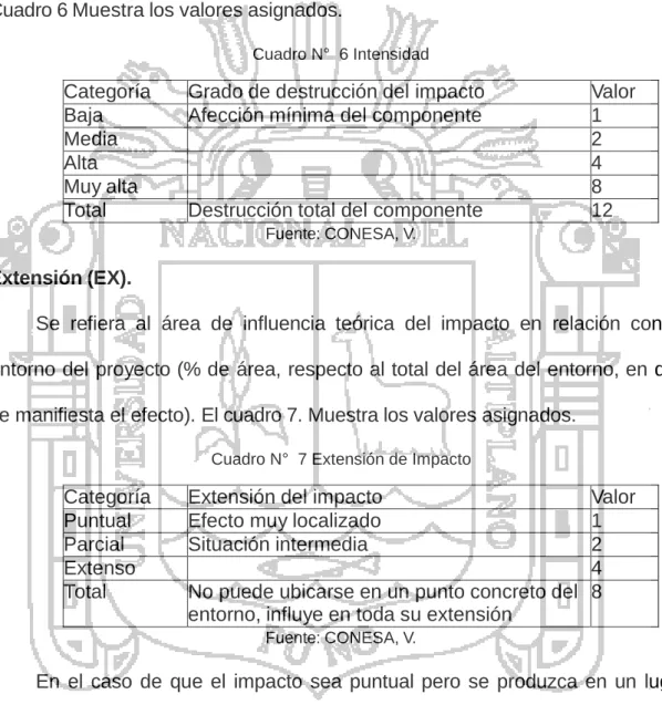 Cuadro N°  6 Intensidad 