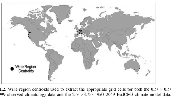 Figure  1.2.  Wine  region  centroids  used  to  extract  the  appropriate  grid  cells  for  both  the  0.5◦  ×  0.5◦ 