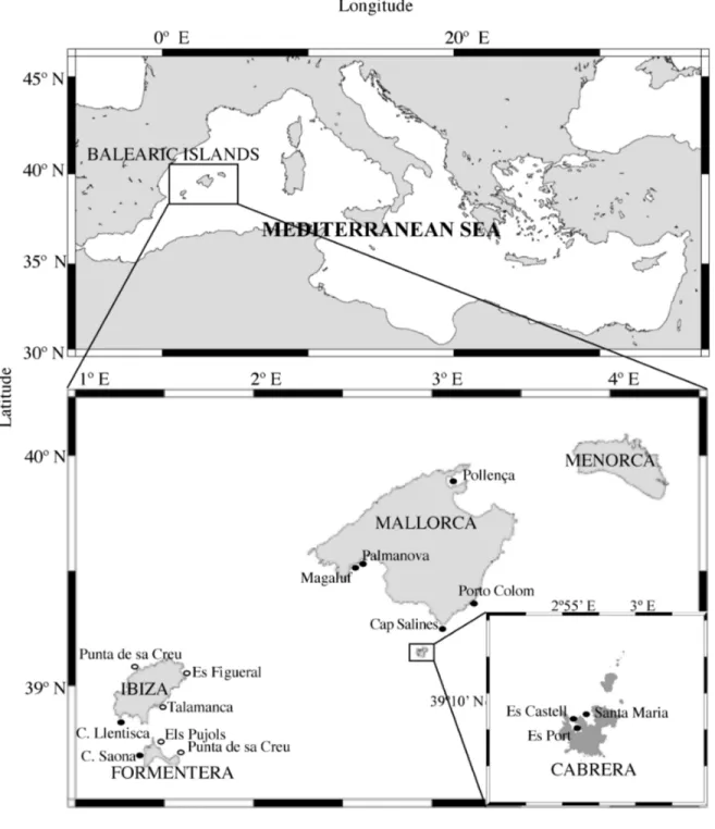 Figure 1.  Location of 18 seagrass meadows of Posidonia oceanica (14), Zostera noltii (1), and Cymodocea  nodosa (3) sampled for presence of Labyrinthula spp