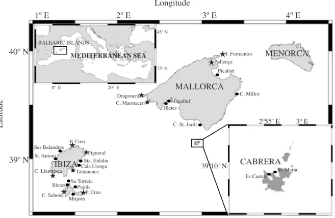 Figure  1.  Location  of  Posidonia  oceanica  meadows  sampled  during  two  consecutives  sampling  events  in  summer 2005 (black circles) and summer 2006 (black stars)