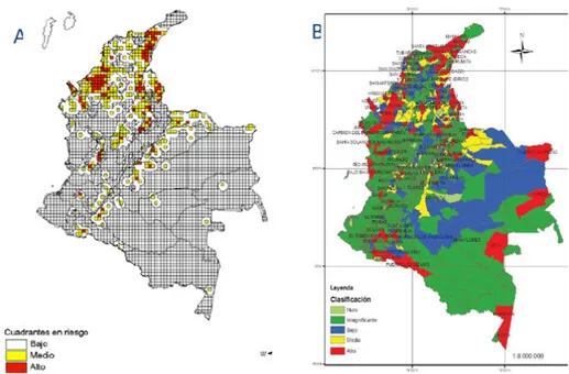 Figura  3.  Clasificación  de  los  municipios  según  el  riesgo  de  ocurrencia  de  rabia  transmitida  por  quirópteros,  Colombia