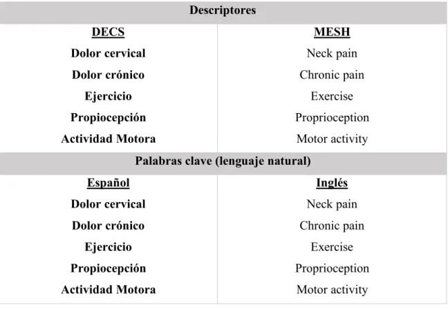 Tabla 1. Descriptores y palabras clave 