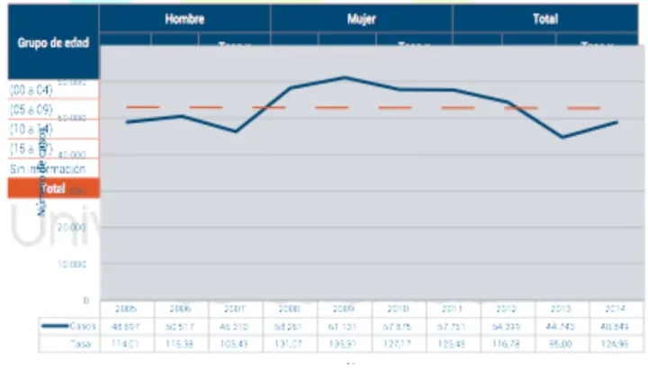 Figura No 1. Violencia de pareja, casos y tasas por 100.000 habitantes Colombia 2005- 2005-2014 (Instituto Nacional de Medicina Legal y Ciencias Forenses, 2015)