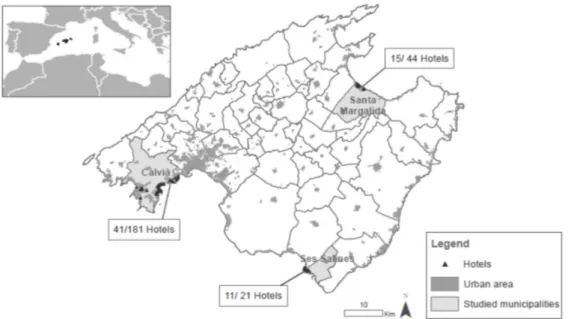 Figure 1. Location of the three municipalities on the island of Mallorca. 