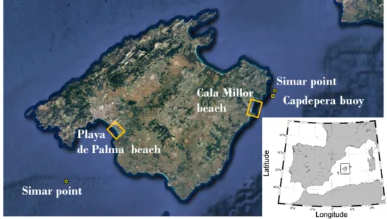 Figure 2.1 Mallorca island with Cala Millor and Playa de Palma beaches marked with yellow squares